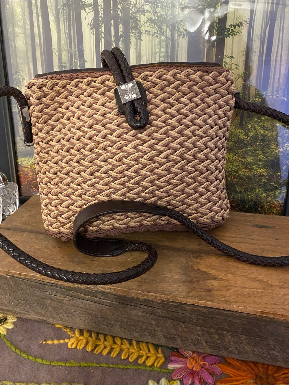 Brighton Woven Straw Crossbody with Dark Brown Braided Trim
